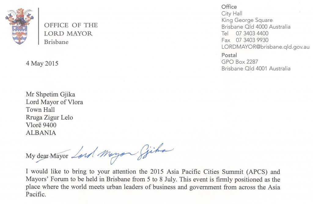 Invitation for Lord Mayor of Vlora